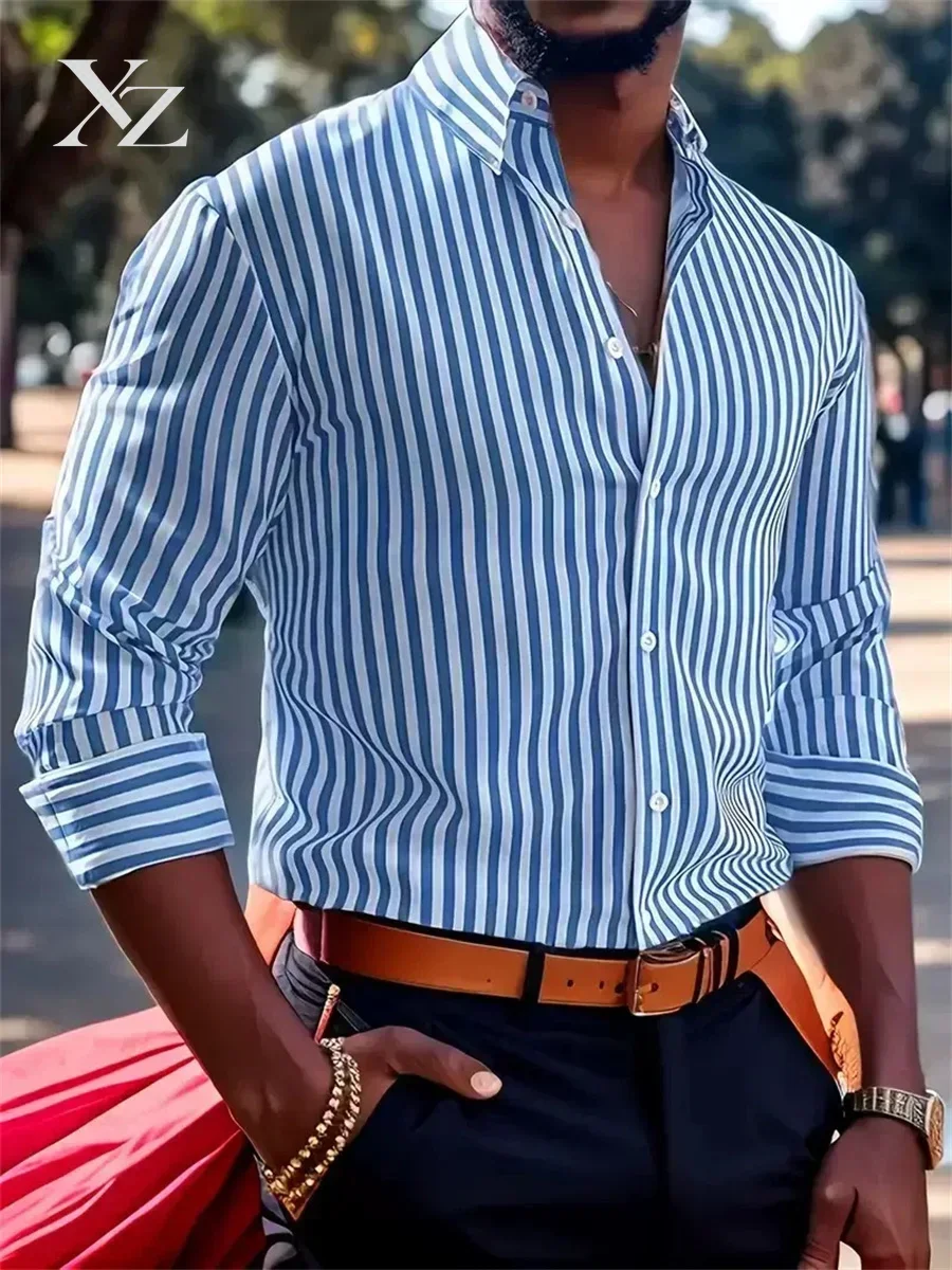 Men's 6XL Large Size Striped Lapel Button Dress Shirt Long Sleeve Comfortable Fabric Wedding Black White Red Business