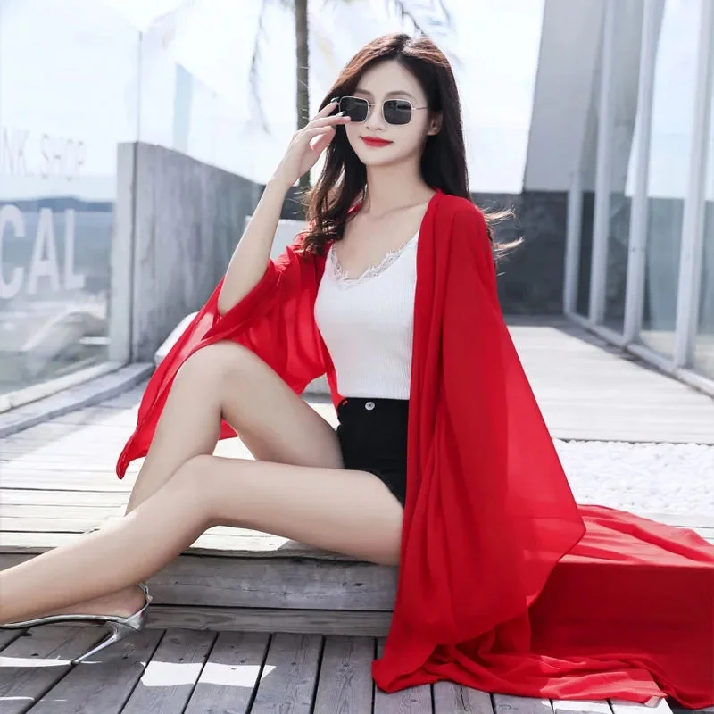 

Супер фея, солнцезащитная одежда, куртка, женская длинная куртка, новинка лета 2025 года, шифоновое солнцезащитное пальто, кардиган, модная верхняя одежда, женский топ