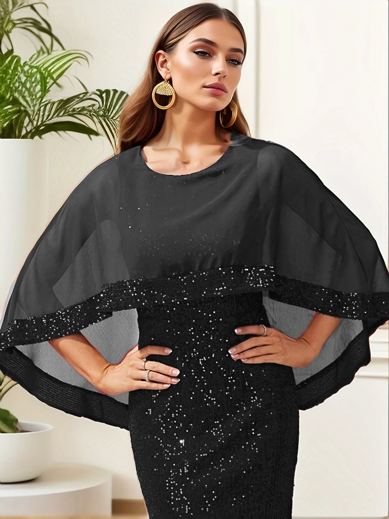 Batwing Sleeve Long Sequined Maxi Dress Patchwork Chiffon Elegant Stretch Evening Party Prom Gown for Women