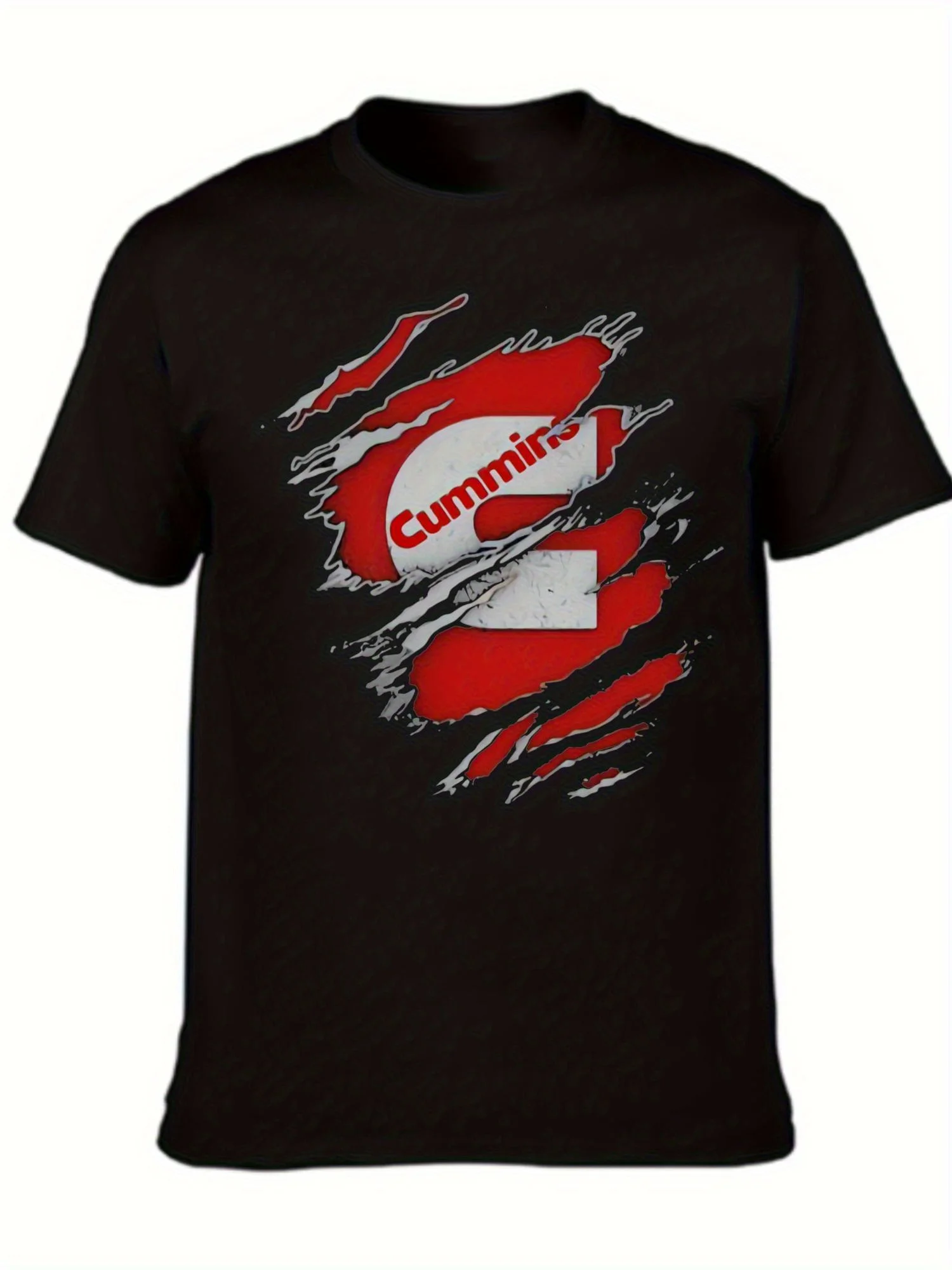 [Cummins Ripped T-Shirt] Cummins Men s Black Ripped T-Shirt Casual Cotton Knit with Geometric Design