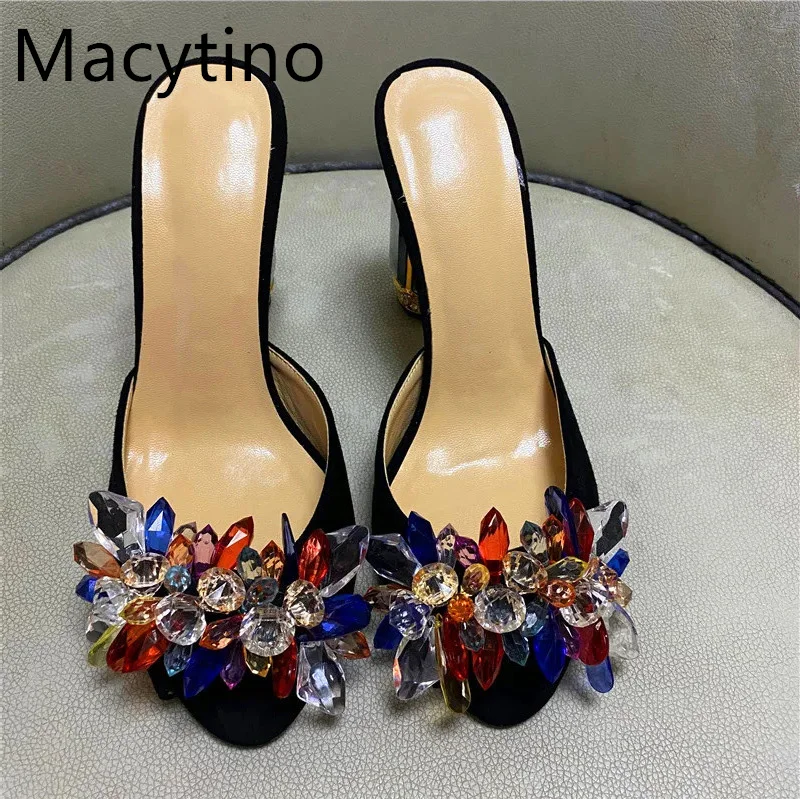 Gem Flower Ladies High Heel Slippers Round Toe Chunky Heel Diamond Heel High Heel Slippers Fashion Party Slippers