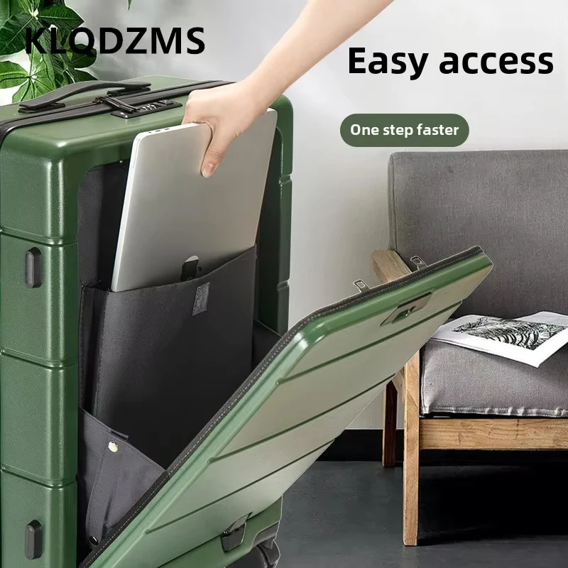 KLQDZMS Laptop Suitcase Front Opening Boarding Case USB Charging Trolley Case 20"24"26 Inch ABS+PC Carry on Travel Luggage