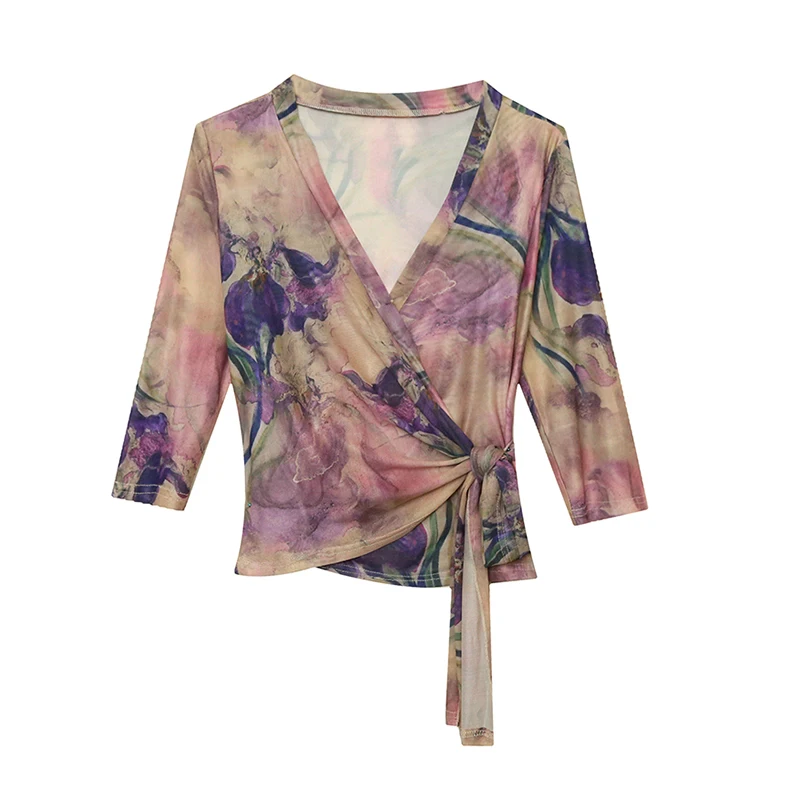 섹시하고 세련된 프린트 V넥 티셔츠 여성용 3/4 소매 디자인 크로스 벨트 탑 허리 조임 효과 있는 티셔츠