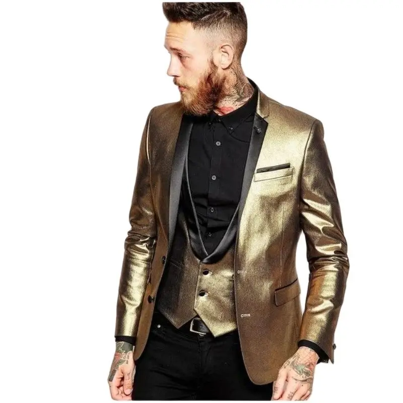 

Shiny Gold Tuxedos Men's Suits 3 Piece Lapel Cran Groom Tuxedos Bridesmaids Men's Wedding Slim Fit Suits Jacket+Pants+Vest