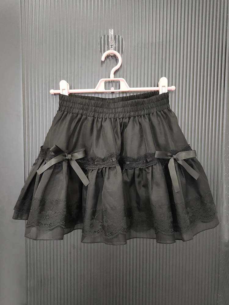 Black Vintage Skirts Women Summer Lace Trim Bows Elastic Waist A-line Mini Skirt