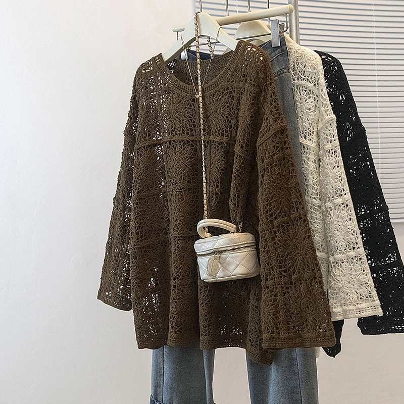 Bohemian round Neck Knitted Hollow out Sweater Women's Loose Fit Casual Style Cotton Blend Outerwear Medium Length