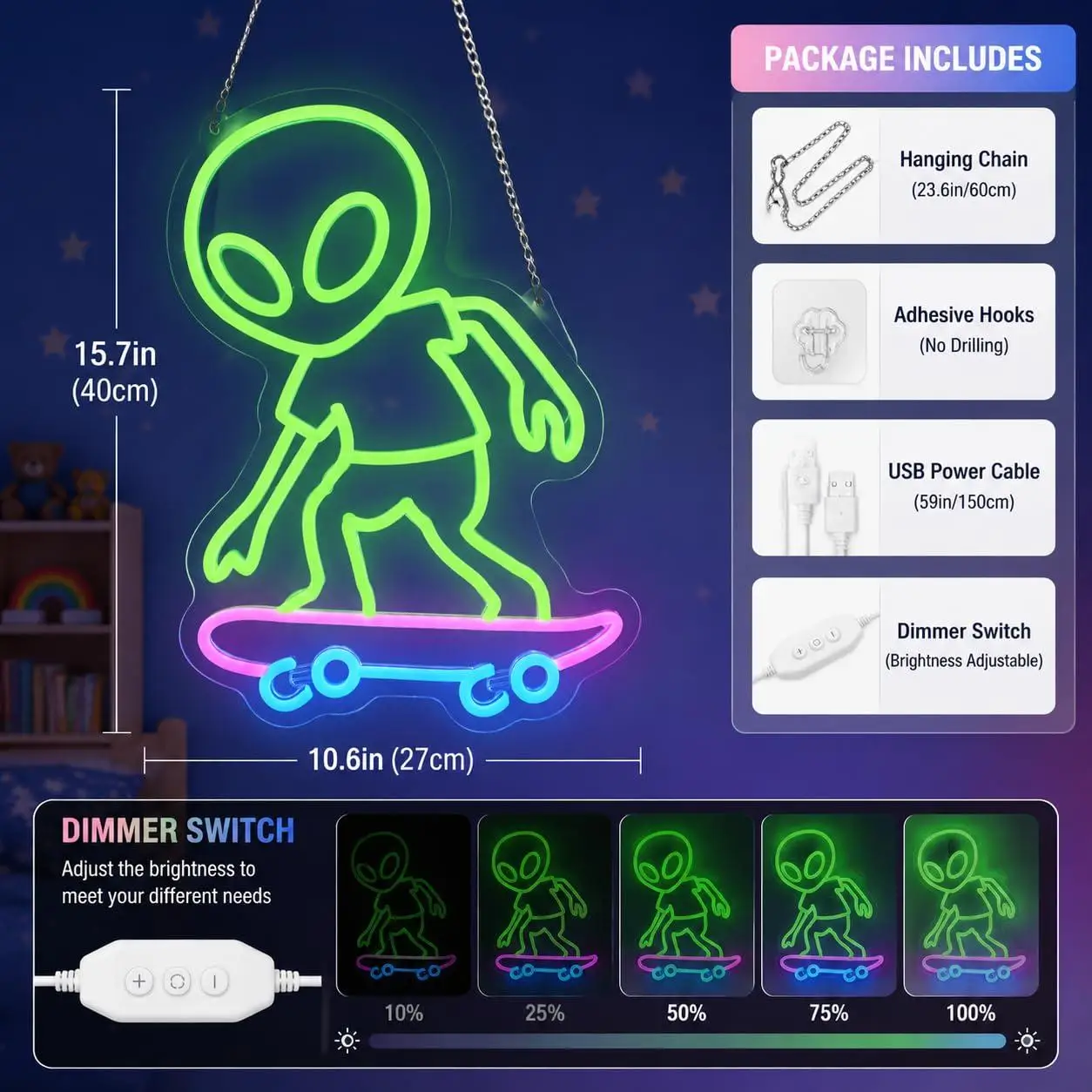 Alien Skateboard Neon Sign USB Dimmable LED Lights for Bedroom Kids Room Gaming Room Alien Themed Wall Art Decor Night Light