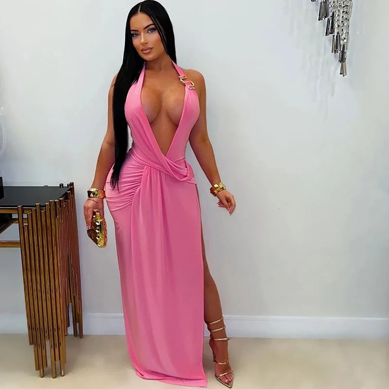 Sexy Neckholder-Kleid mit tiefem V-Ausschnitt für Partys, Clubwear, ärmellos, rückenfrei, gerafft, mit hohem Schlitz, langes Kleid, Vestido Longo