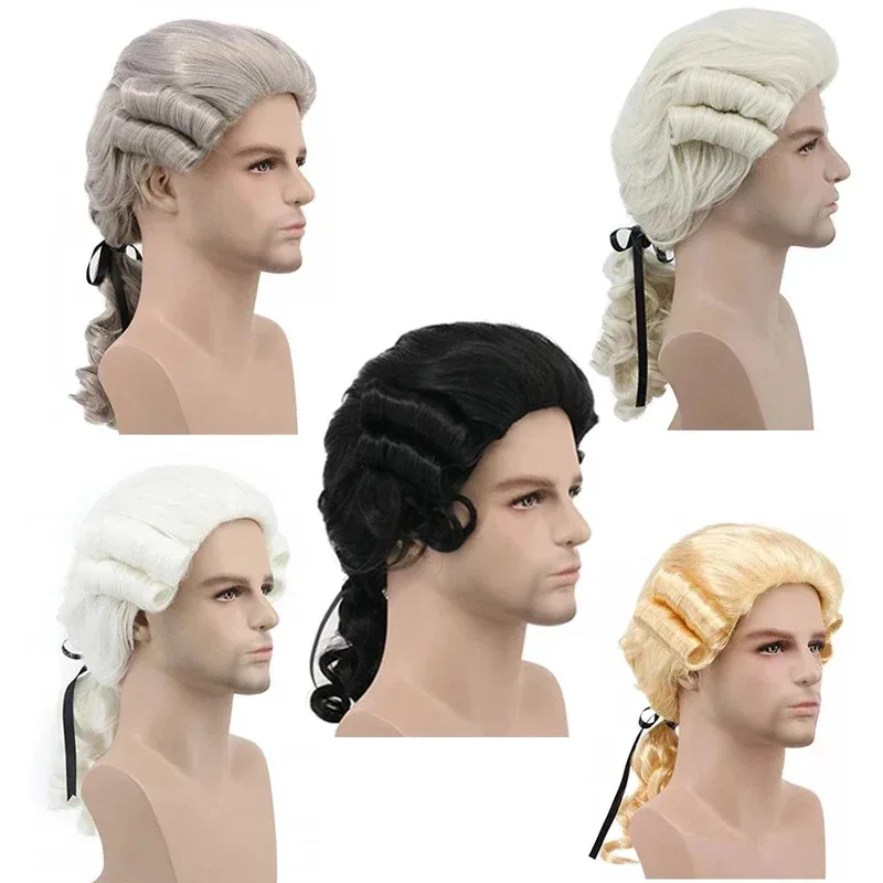 Gris blanc noir avocat juge Baroque bouclés mâle Costume perruques de luxe historique Halloween longue synthétique Cosplay perruque NM33