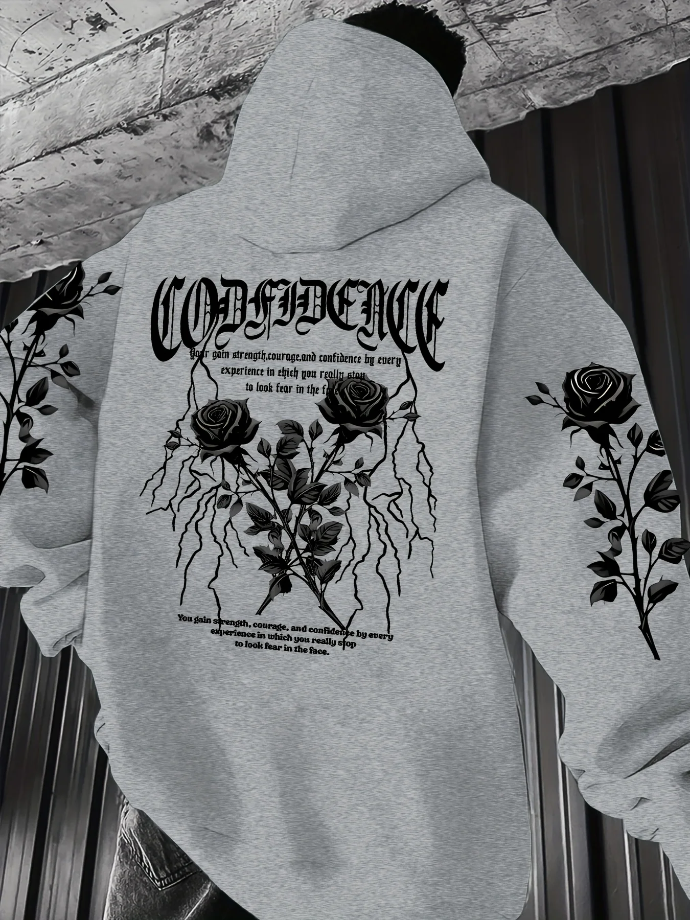Herren Gothic Hoodie Weiß Rose Blitz Selbstvertrauen Slogan Grafikdruck Locker Sitzend Vintage Streetwear Pullover Sweatshirt Herbst – Detail 3