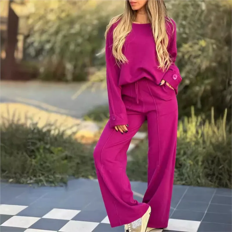 Damski zestaw 2024 New Fashion Casual Set Solid Color Long Sleeve Top Set Autumn Loose Wide Leg Pants Trousers Two Piece Set Female