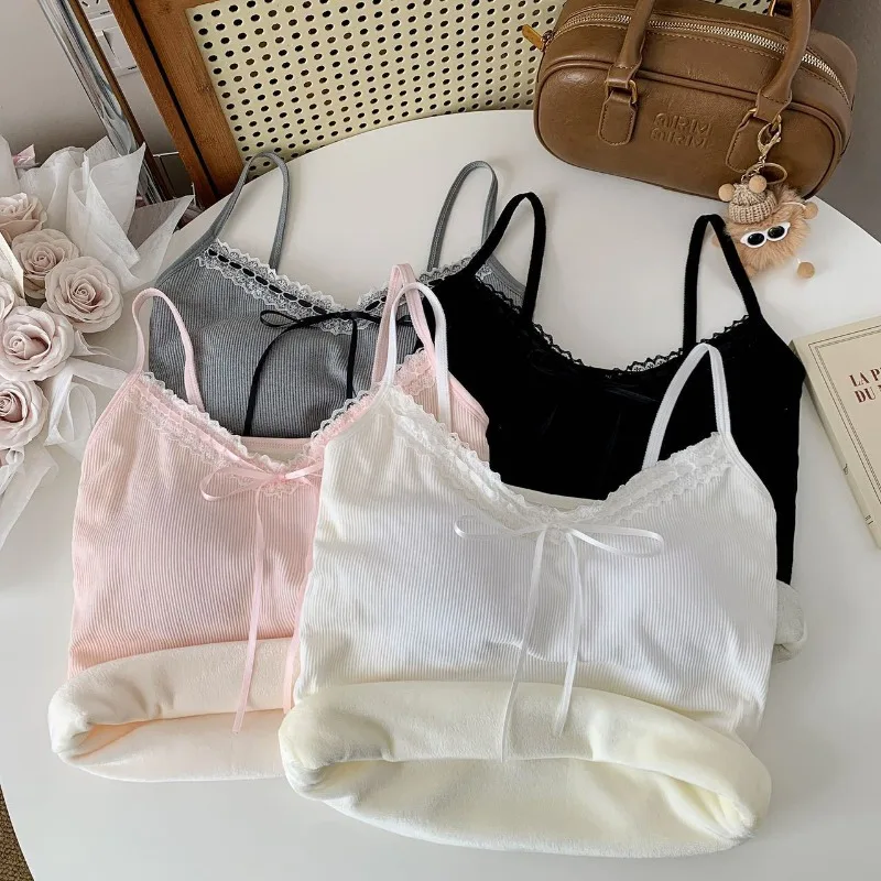 Korean Coquette Thermal Bandeau Fleece Lined Heattech Vest with Butterfly Lace Pure Attraction Winter Undergarment for Girls