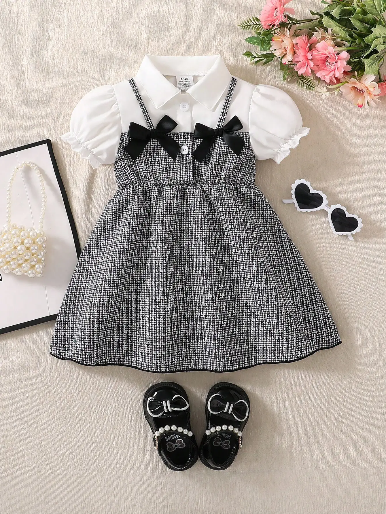 

Summer Baby Girl Elegant Dress, White Shirt Collar Petal Sleeve, Black & White Plaid Main Color, Black Bow Decor, Fashionable & Chic Outfit For Baby Girl Party & Outing