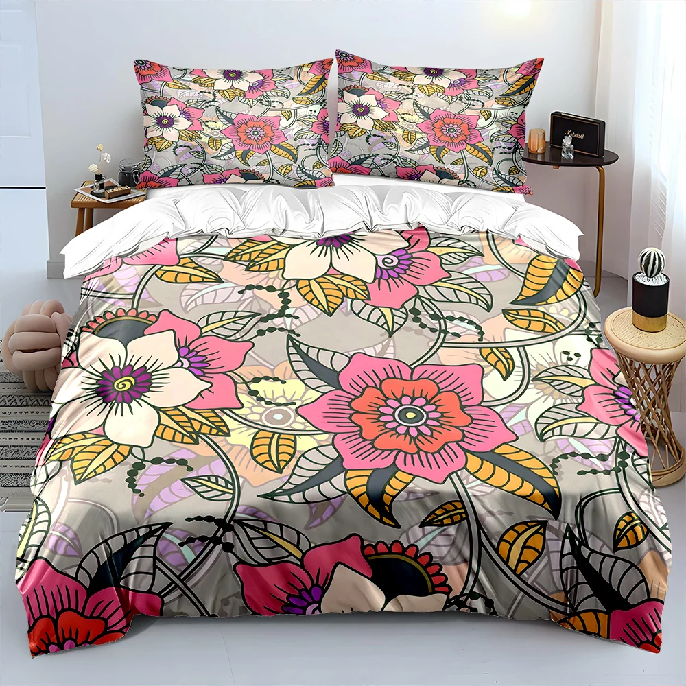 Buntes, florales, dekoratives Muster, bedrucktes Bettwäsche-Set, 1 Bettbezug, 2 Kissenbezüge für Erwachsene und Kinder, Luxus-Geschenk, volle Größe