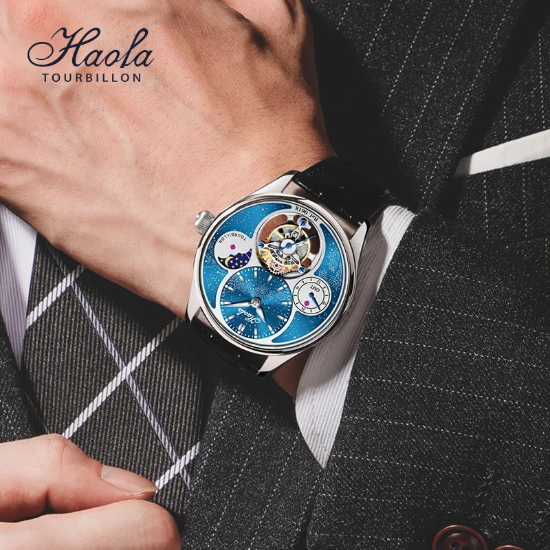 Haofa GMT Flying Tourbillon Man Watch Hollow Mechanical Movement Moon Phase 316L Stainless Steel watches for man Blue Star 0618