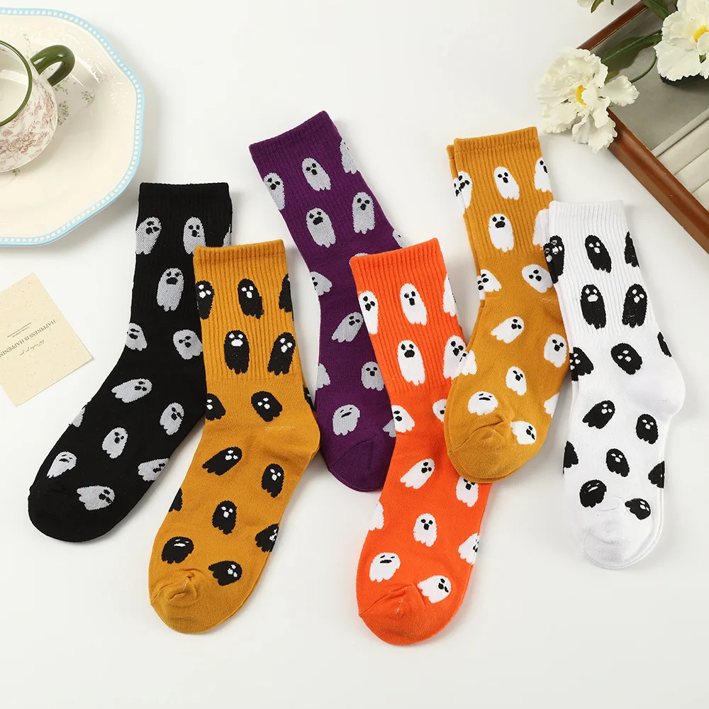 Women Cute Funny Halloween Mid Calf Socks Casual Cosplay Ghost Print Comfortable Elastic Cuff Skin Friendly Short Socks
