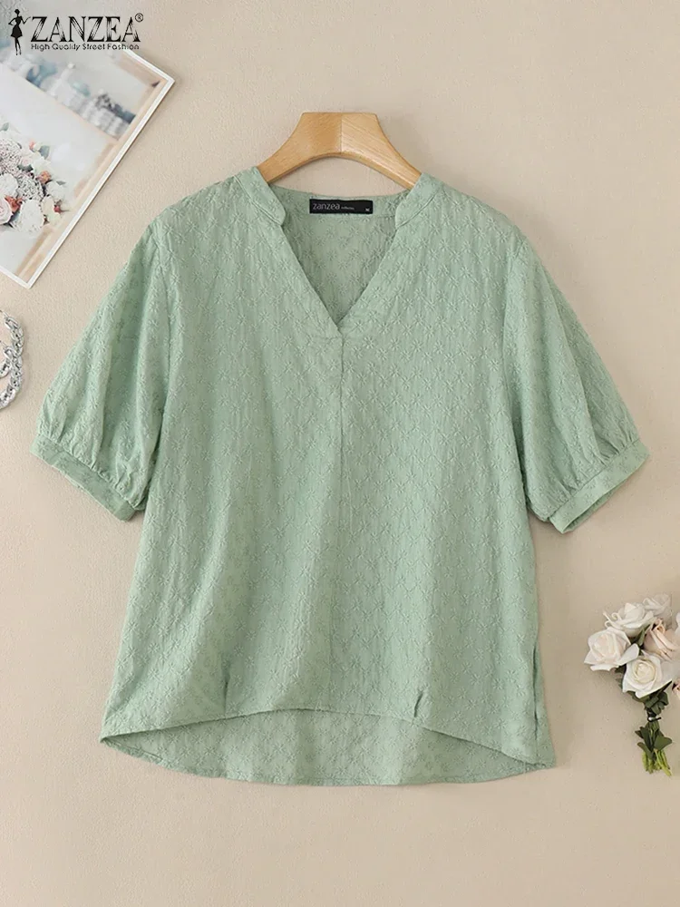 

ZANZEA 2025 Summer Women Solid Color Blouse Fashion Short Sleeve Tops Casual Loose V-neck Cotton Embroidery Tios Korean Shirts