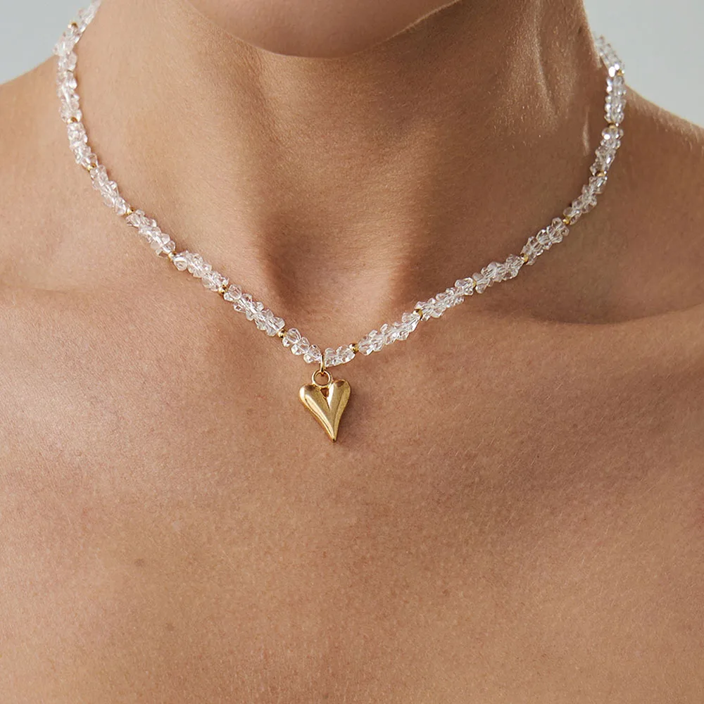 Fashion Gold Color Heart Pendant Necklace For Women Boho Geometric Transparent Crystal Chain Jewelry  Valentine's Gift N520