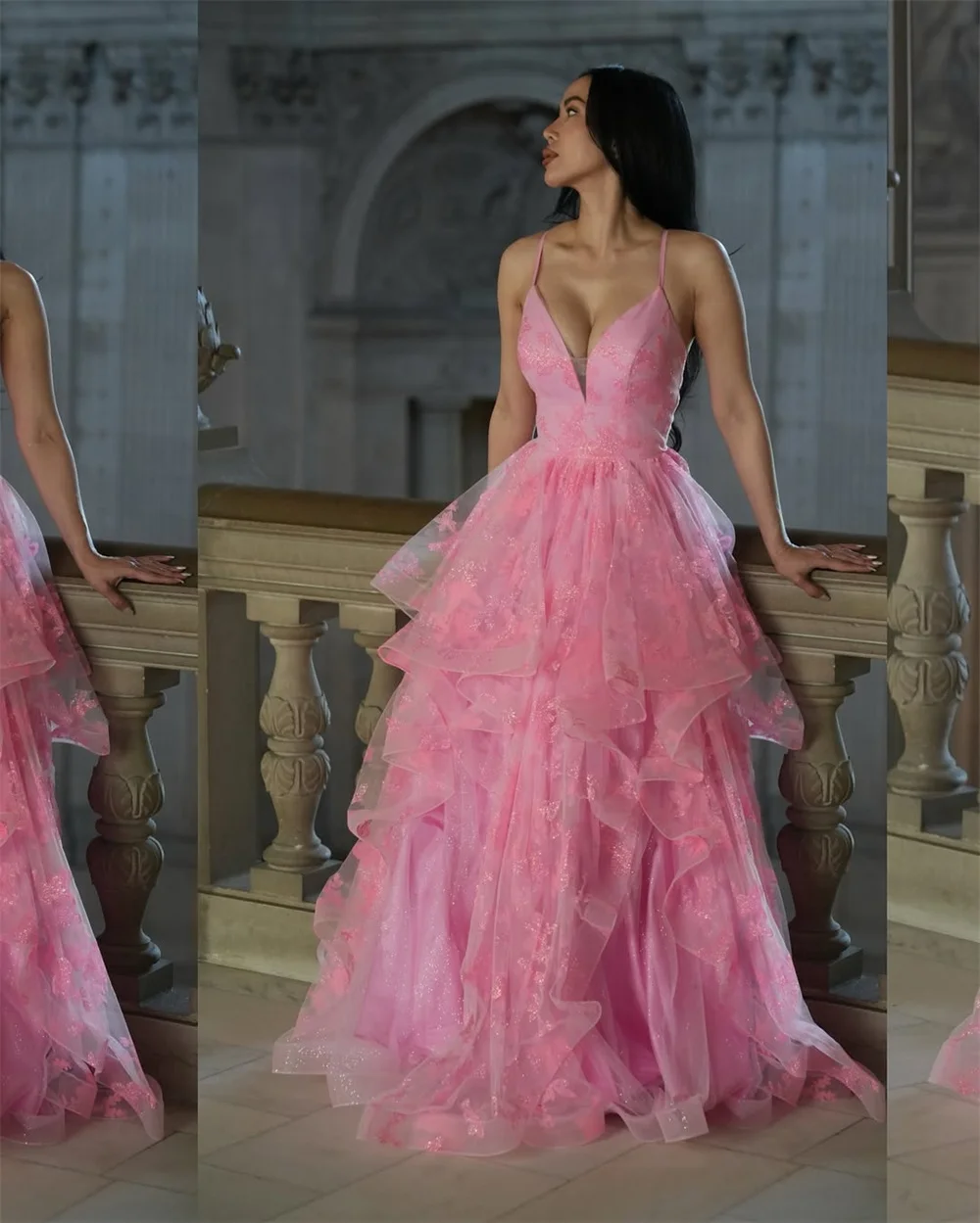 Contessa Custom Roze Glitter Tule Galajurk Spaghetti Band Diepe V-hals Baljurk Ruche Rok Voor Vrouwen Formele Avondfeest