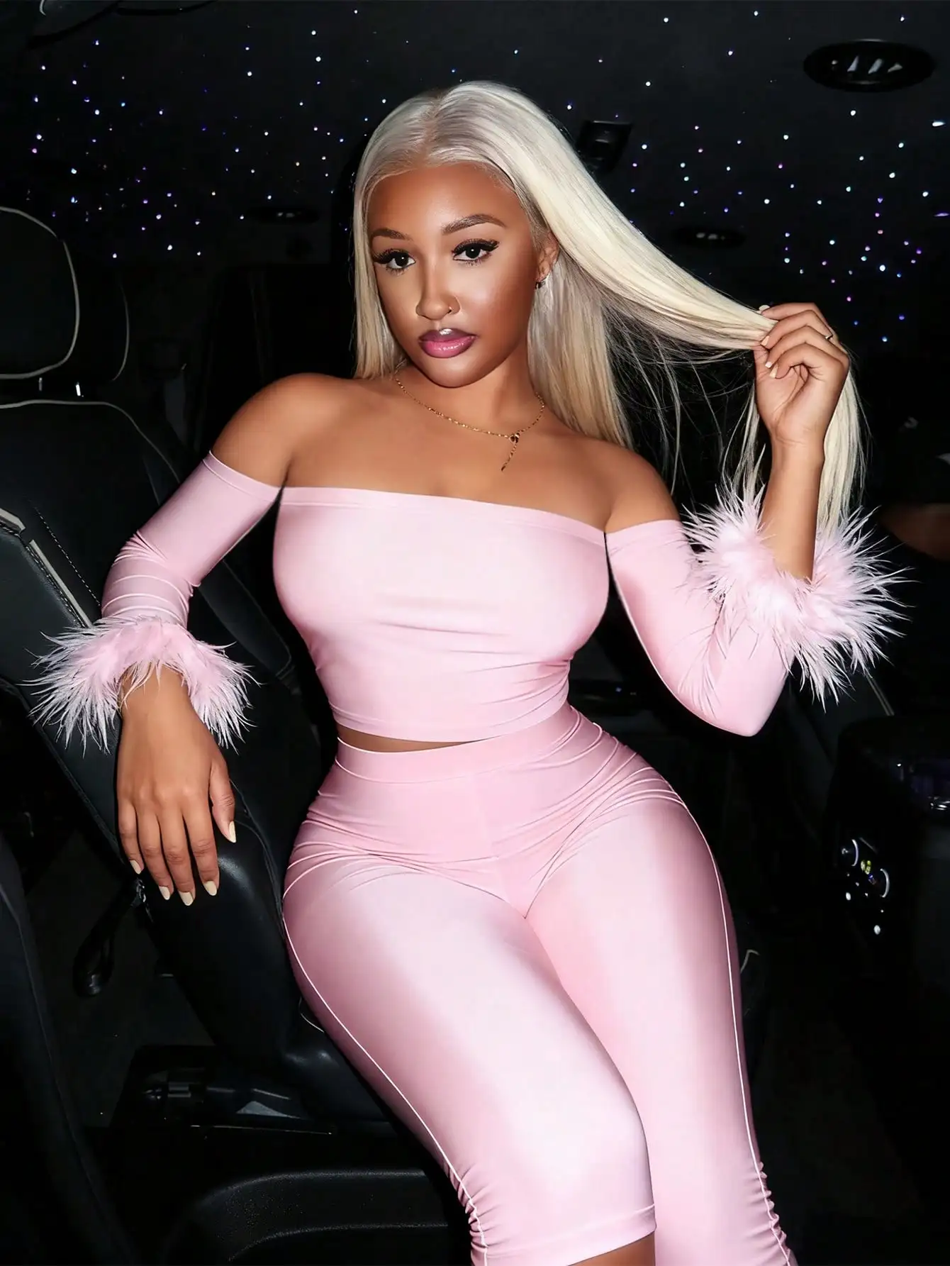 

Pink Off-Shoulder Feather-Sleeve Crop Top & High-Waist Leggings Set for Parties and Festivals
