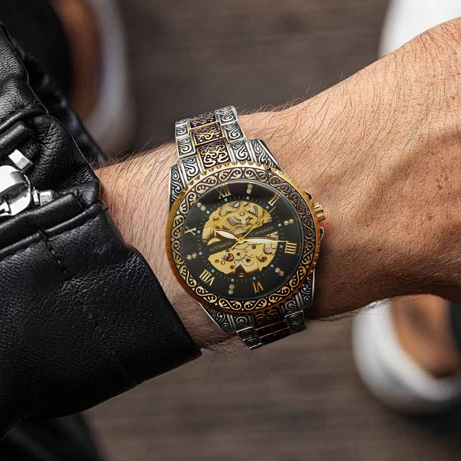 WINNER Retro Skeleton Automatic Mechanical Watch for Men Luminous Hands Engraved Stainless Steel Strap Business Mens Watches New