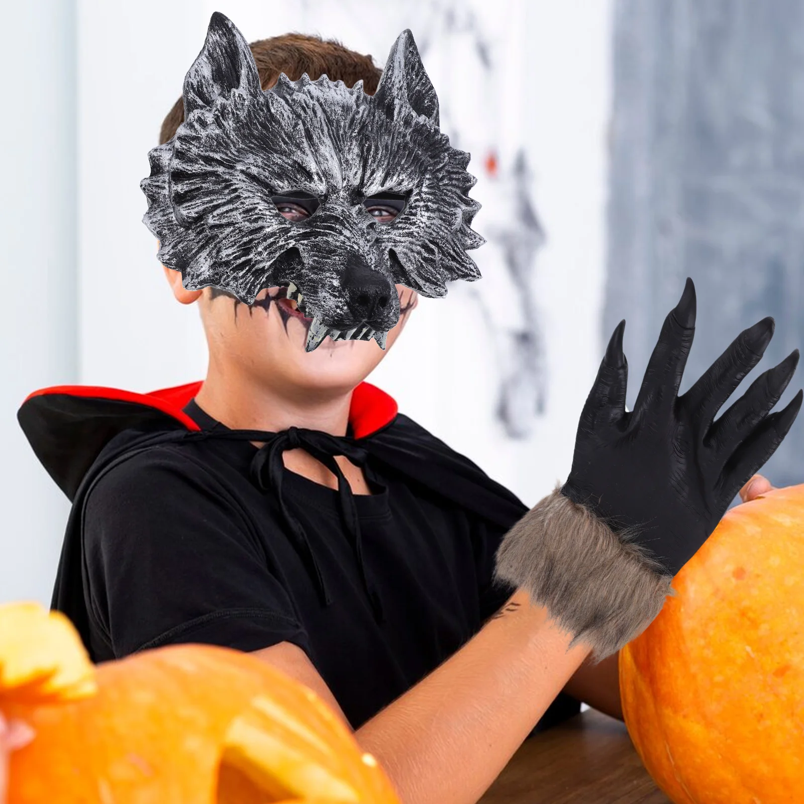 

Hand Drawn Wolf Mask Gloves Set Scary Halloween Costume Party Decorations Vinyl Material Lifelike Horror Masks for Masquerade