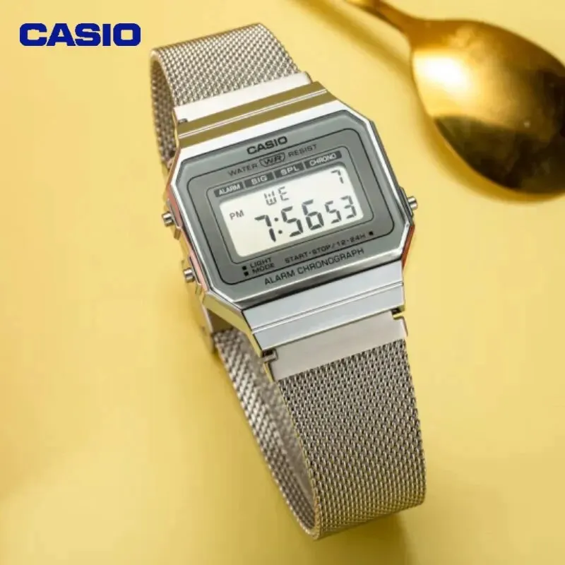 Casio Retro Digital Men\'s Watch Business Small Silver Gold Watch Series Small Square Watch Watch Multi-Functional Date Stopwatch