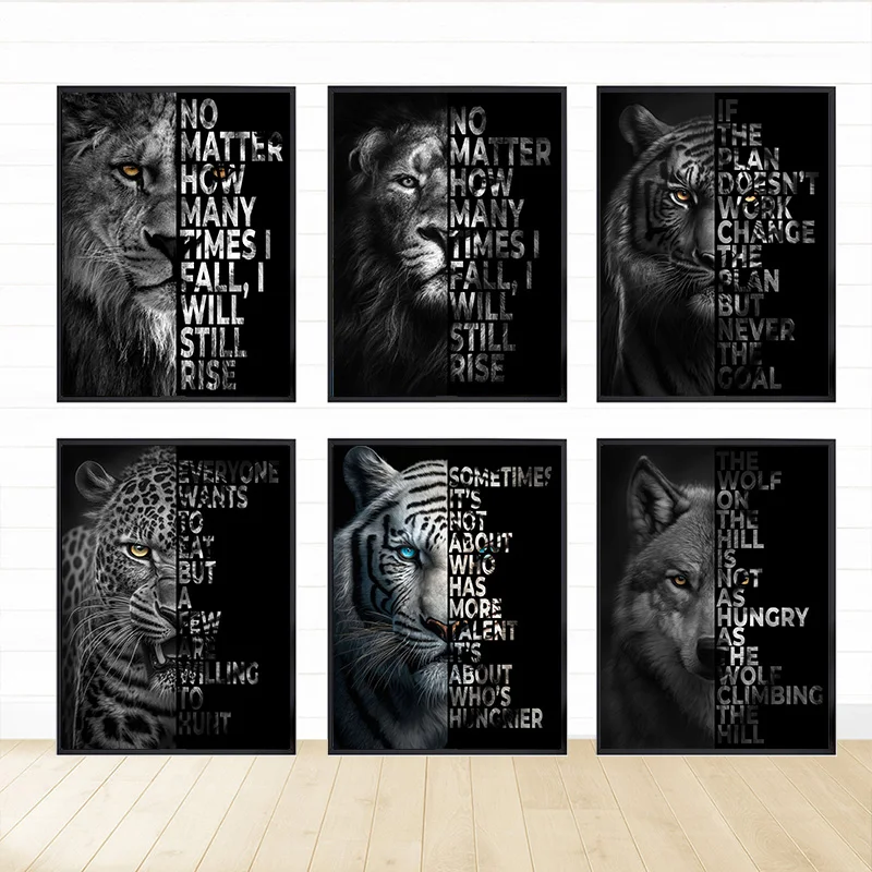 Wild Animals Inspirational Poster with Frame Black White Leopard Tiger Lion Canvas Art Picture Man Room Wall Decor Painting