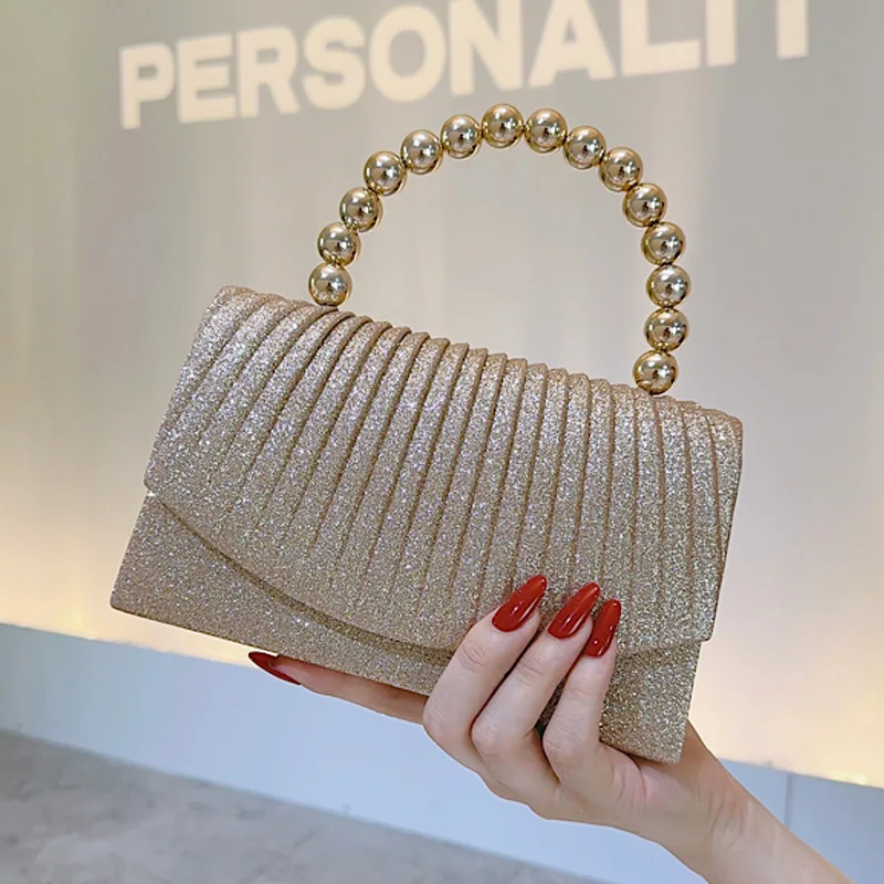 

Женская блестящая сложенная сумочка с жемчужной веревкой, вечерний клатч с откидной крышкой, небольшой квадратный кошелек для ужина для вечеринки и торжественного платья
