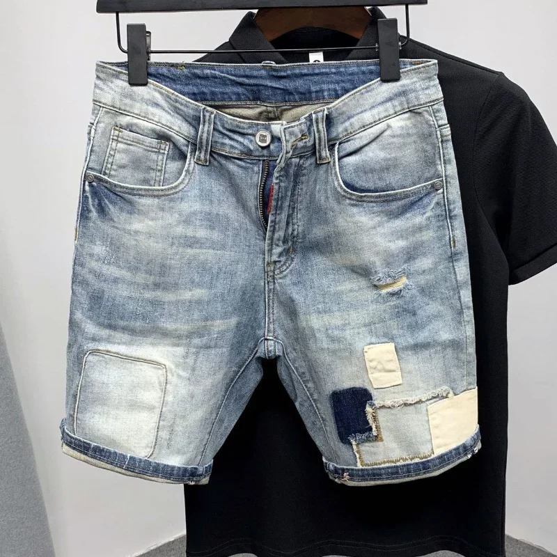 Male Denim Shorts with Pockets Blue Men\'s Short Jeans Pants Ripped Spliced New in Jorts Harajuku Korean Fashion Cowboy Thin Y2k