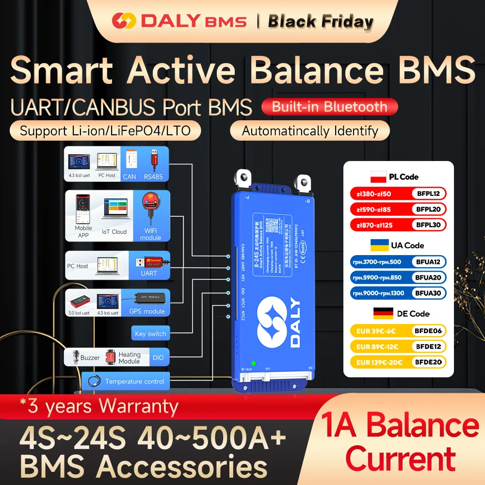 Daly Smart BMS 4-24s 40-100A Active Balance BMS BT 16S 20S 48V 60V 12V 8-17S 4-8S 8-24S bms Lifepo4 Li-Ion Germany USA Warehouse