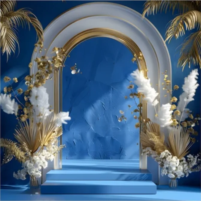 Mehofond 아치 문짝 꽃 사진 배경 웨딩 소녀 생일 파티 베이비 샤워, 보호 팜파스 블루 벽 장식 배경