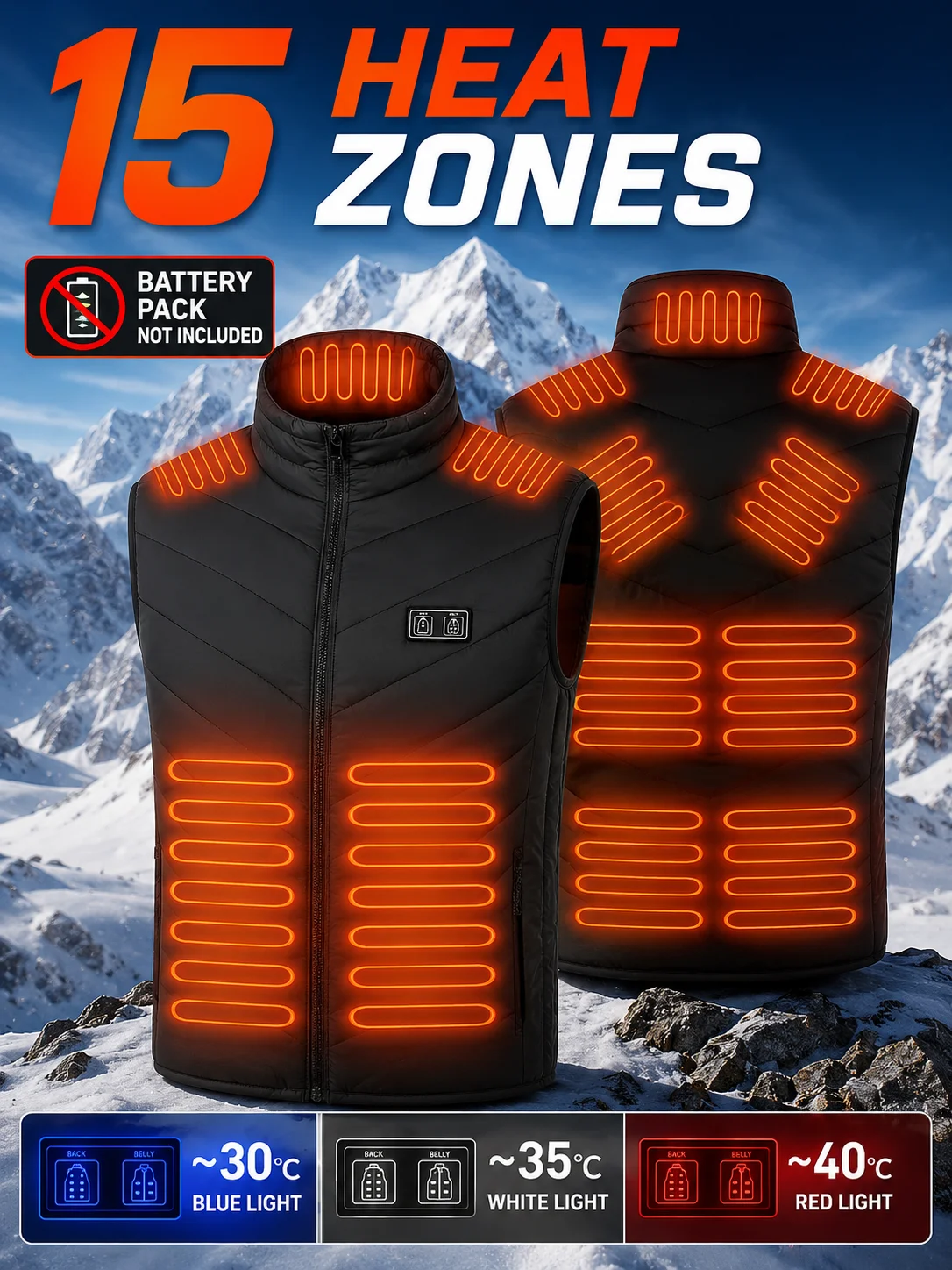 15-Zone Heated Vest for Men, 3 Adjustable Heat Levels, Smart Electric Heating Sleeveless Vest for Winter Outdoor Work, Hiking, Camping, Travel & Daily Wear, Power Bank Not Included