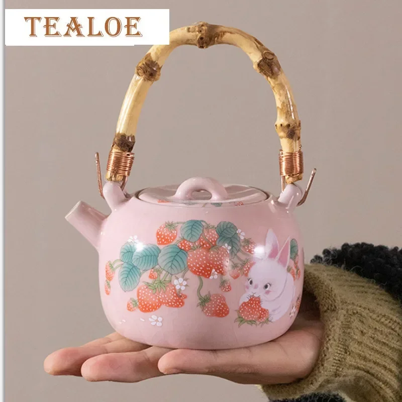 

Ru Kiln Клубничный кролик с петлей с ручкой, набор Teapo, керамическая чашка с цветочным ртом, винтажный набор для чайной церемонии, горшок и чашка, украшения Ча