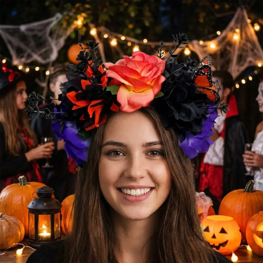 Gothic Halloween Rose Flower Crown with Butterfly Simulated Artificial Flower Headband Vintage Realistic Floral Crown Head Hoop