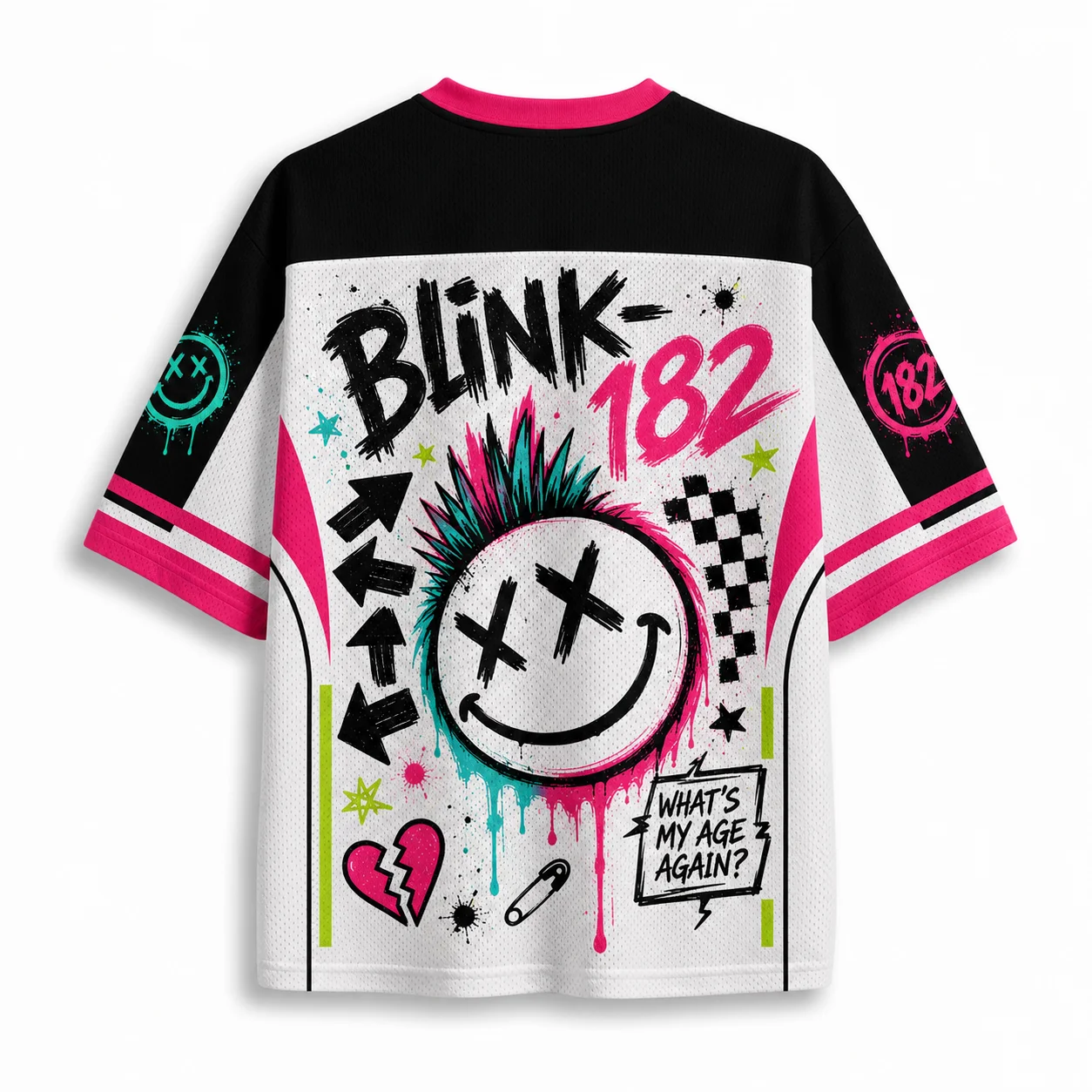 Y2K Pop Punk Graffiti Football Jersey, V Neck Short Sleeve Streetwear Top, Neon Splatter Print Music Festival Outfit