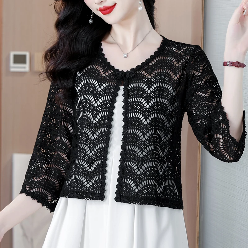 

Кружевная рубашка, женский кардиган, пальто, элегантная однотонная полая солнцезащитная одежда, весна-лето-осень