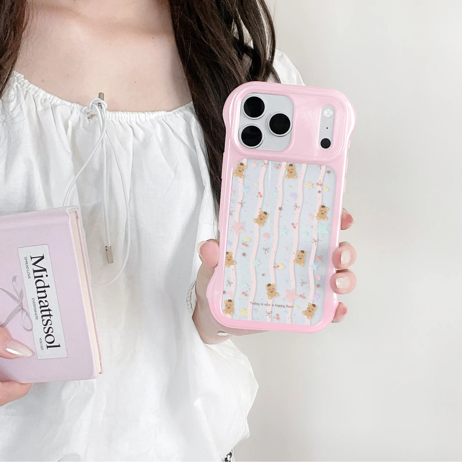 Striped Mini Bear Mirror Phone Case Pink Wavy Frame Soft TPU Shockproof Shell For iPhone 13-17 Pro Max