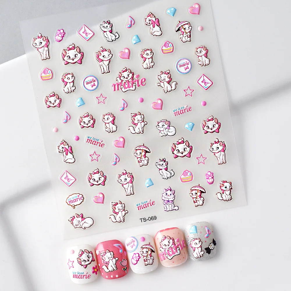 Pink Cat Cute Kawaii Nail Sticker Cartoon Cat Lover Stickers Self Adhesive Heart Star Diamond Nails Art Lively Y2K Nail Tips