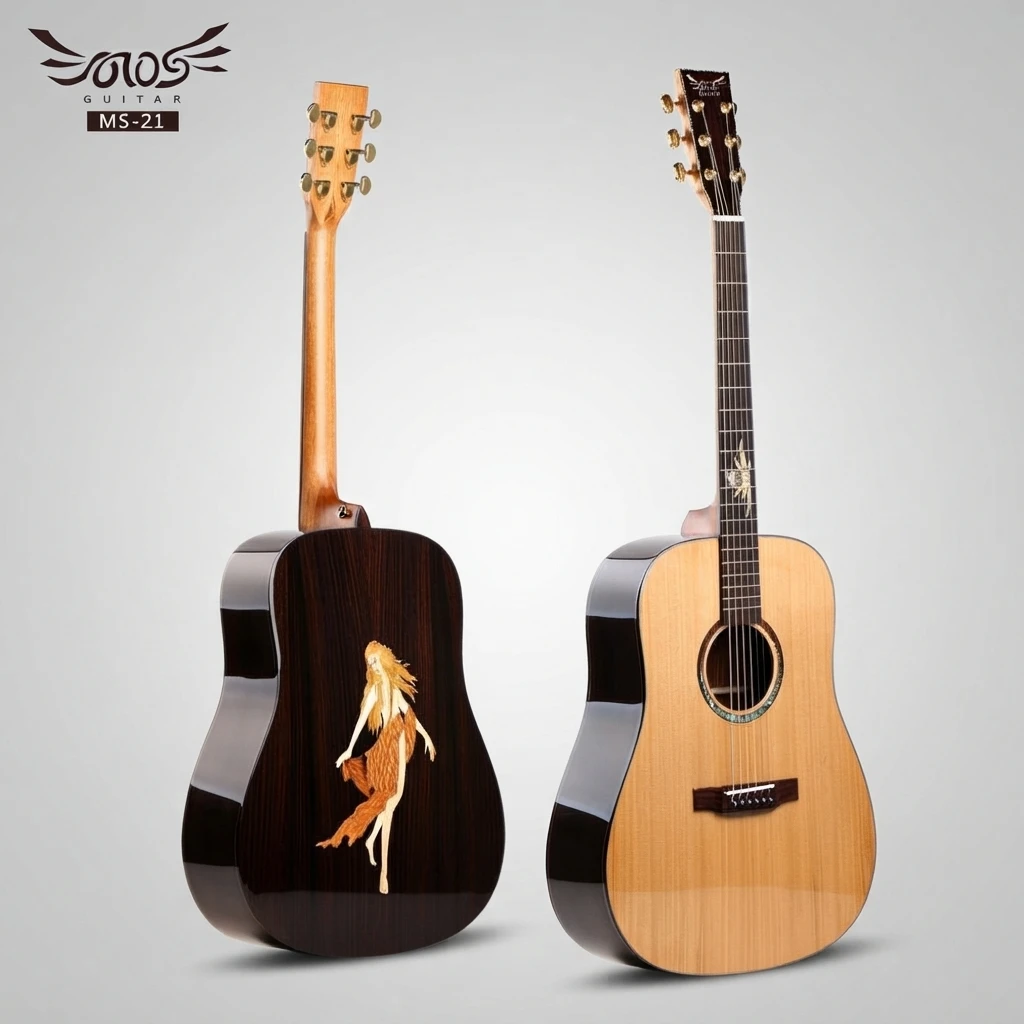 Dreadnought Round Body Acoustic Guitar Natural Gloss Top Dark Back Art Lady Inlay Gold Tuners 6 Strings for Beginners, Practice