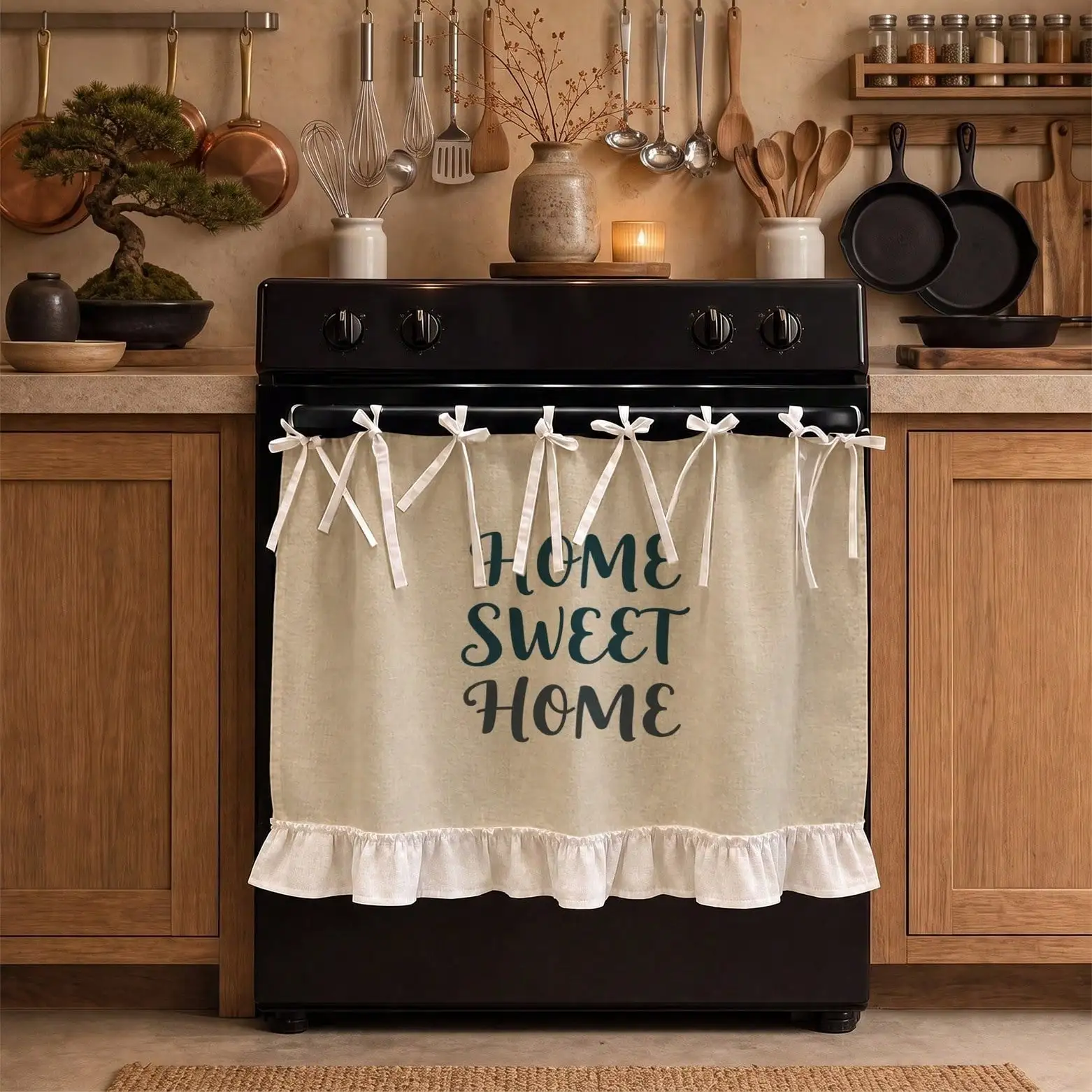 Oven Curtain Cover with Bow Ruffled Hem - Suitable for Cabinet Windows, Dishwasher Skirt, Washing Machine Cover, Kitchen Apron & Holiday Decorations, Multi- Blinds for Oven Door, Fabric for Café (No Revision)