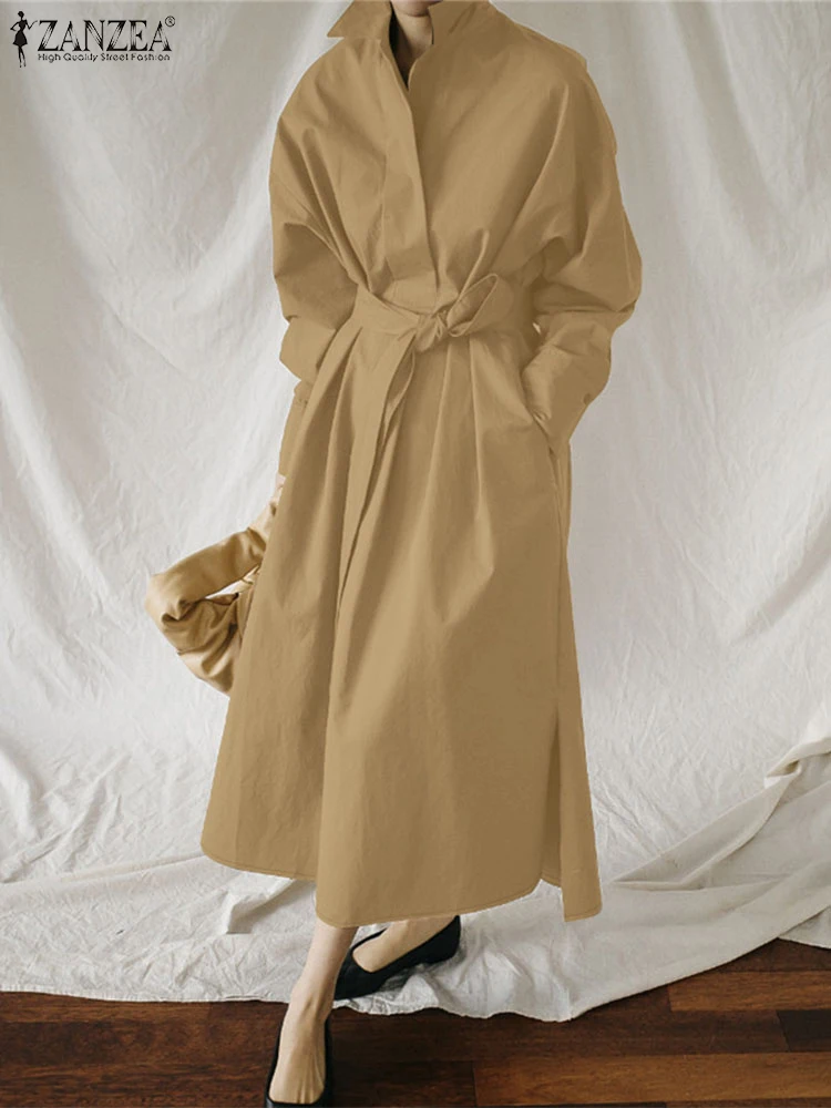 ZANZEA-Vestido camisero elegante de otoño para mujer, vestidos de oficina para mujer, Vestido veraniego elegante de manga larga con solapa, Vestido de trabajo OL liso con cinturón, 2025
