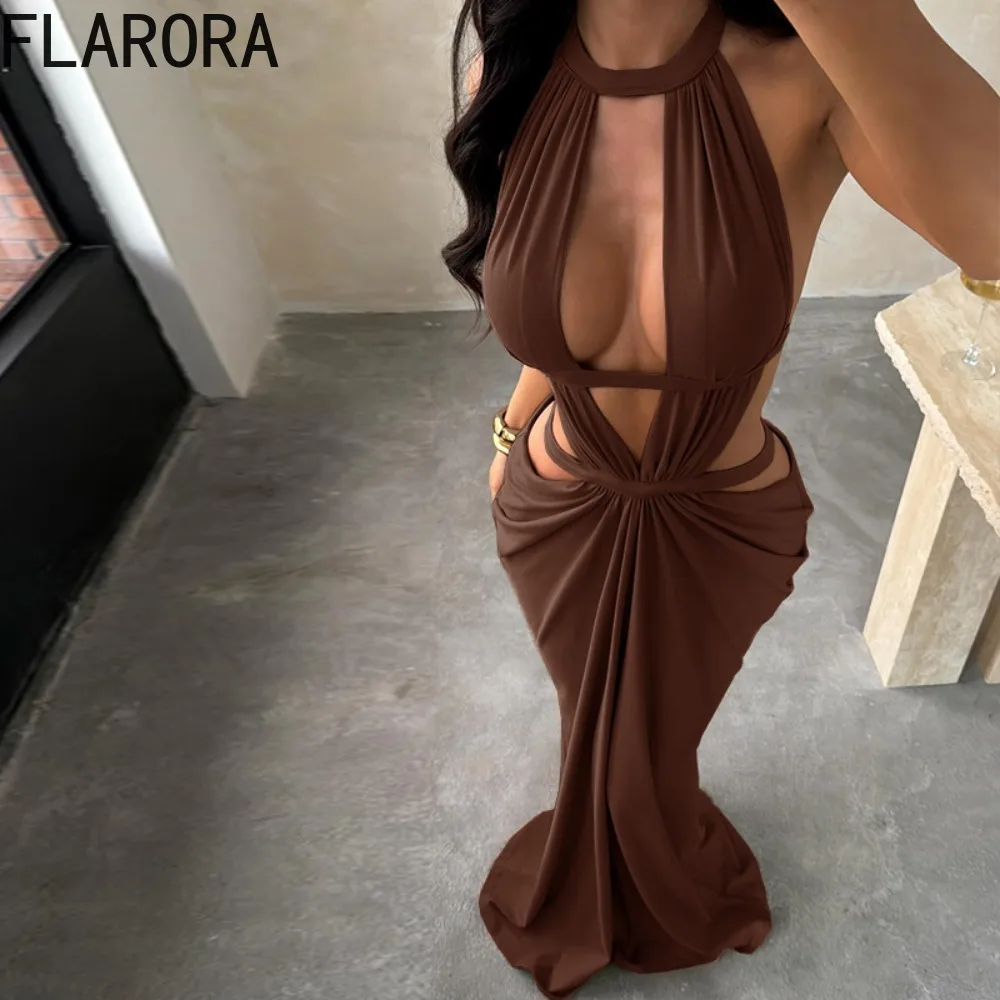 FLARORA Robe longue sexy ajourée pour femme, chic, dos nu, sans manches, froncée, élégante, pour soirée, Vestidos