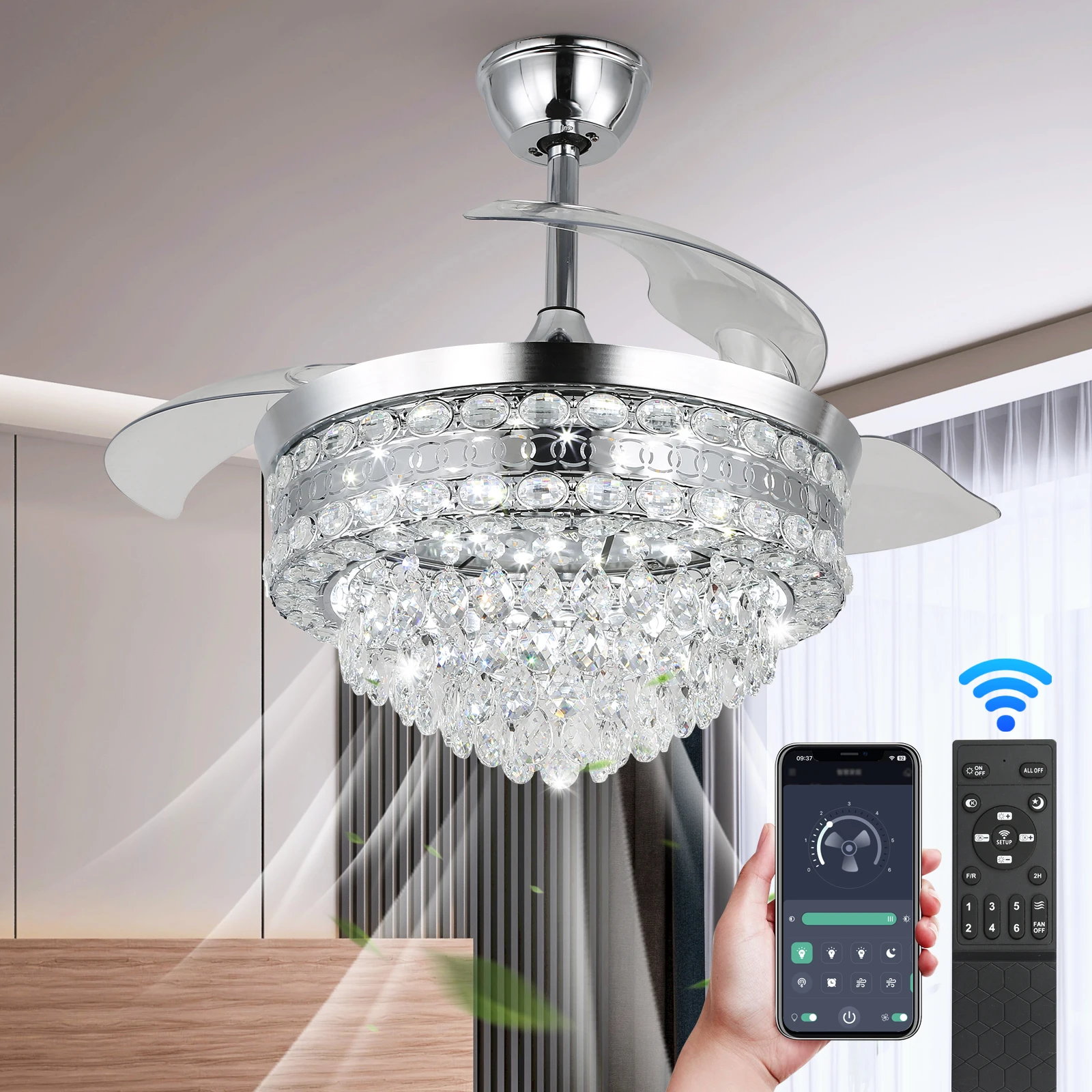 Imagem -06 - Lâmpada Moderna do Ventilador de Teto com Luz Led Candelabro Retrátil Lâminas Invisíveis Regulável Cristal Timing Home Decor