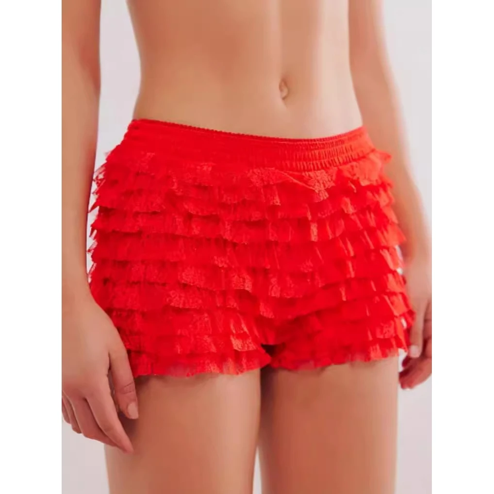 2024 Sexy Beach Hot Pants Lace Trim Wave  Color Lolita Low Waist Shorts Skirt Pants Women's Fashion Summer Polyester
