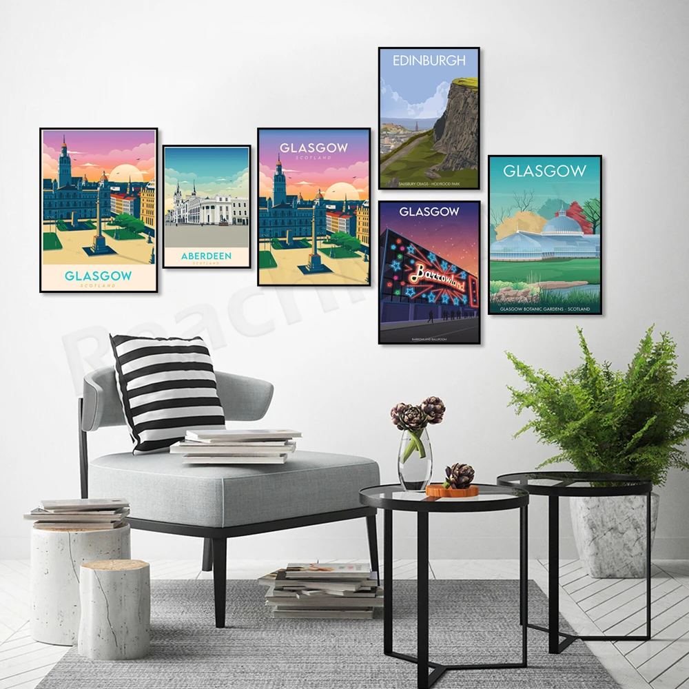 

Glasgow, Scotland, Edinburgh, Aberdeen, Scotland, Barrowland Ballroom, Aberdeen engraving, Salisbury Cliffs, travel art poster