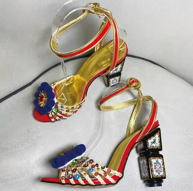 الصيف أضاليا زهرة الأزهار مكعب صندل كعب عالٍ اللمحة تو جوهرة كريستال متعدد الترتر حزام انقطاع امرأة مأدبة فستان الأحذية