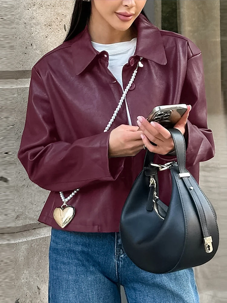 Retro Burgund Revers Leder Jacken Frauen Casual Einreiher Kurze Jacke Weiblichen Frühling Chic Moto Biker Straße Outwear ﻿