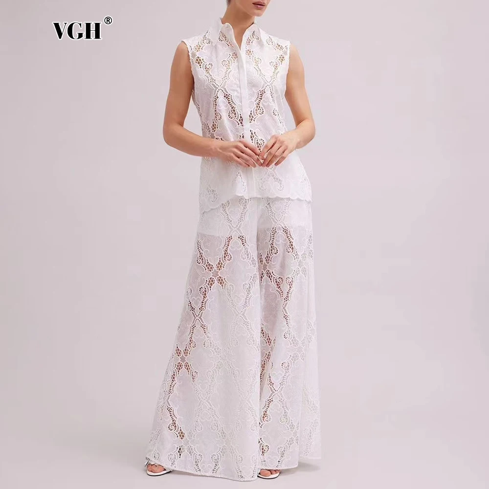 

VGH Solid Hollow Out Two Piece Set For Women Stand Collar Sleeveless Tops High Waist Loose Wide Leg Pant Minimalist Sets Female