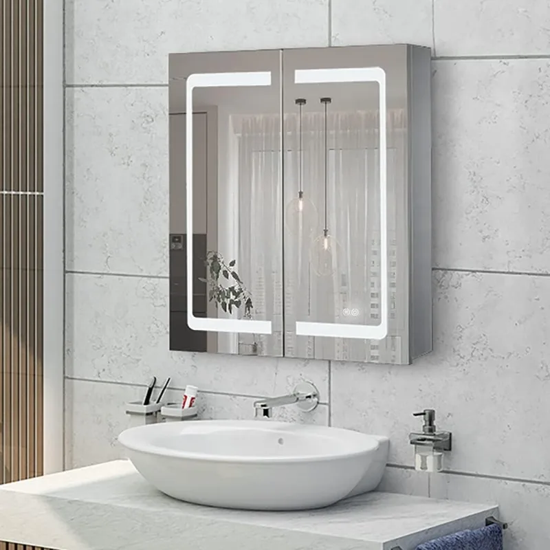 

Illuminated Led Mirror Cabinet for Bathroom Stainless Steel Wall Mounted Medicine Cabinet with Double Touch Switches